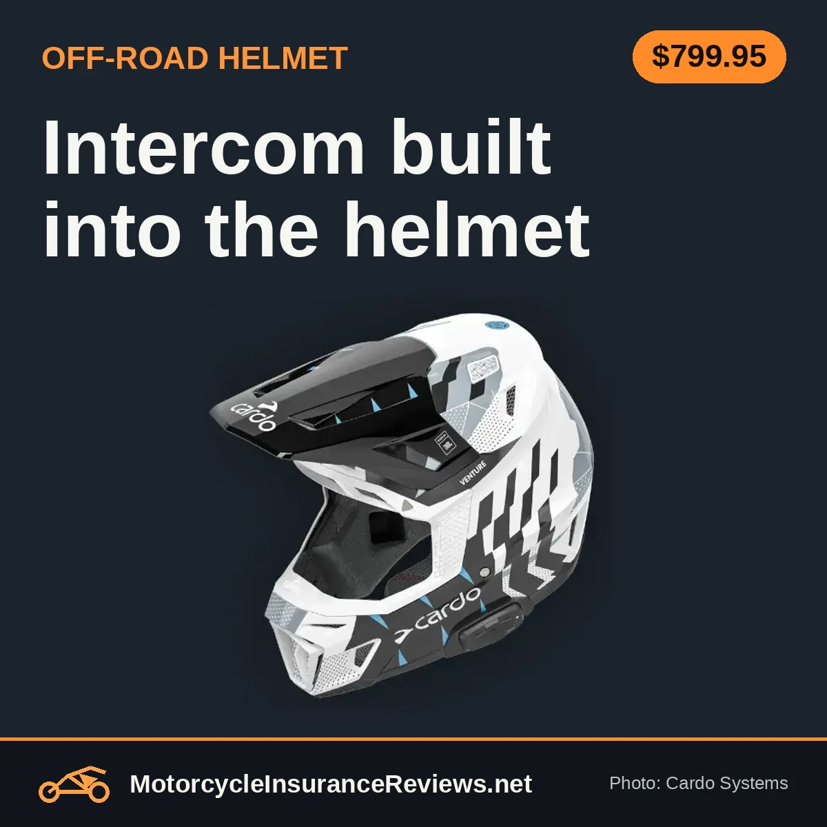 Official Cardo studio photo of the white, gray and black Cardo Venture off-road helmet on a dark background, headline Intercom built into the helmet, chip $799.95