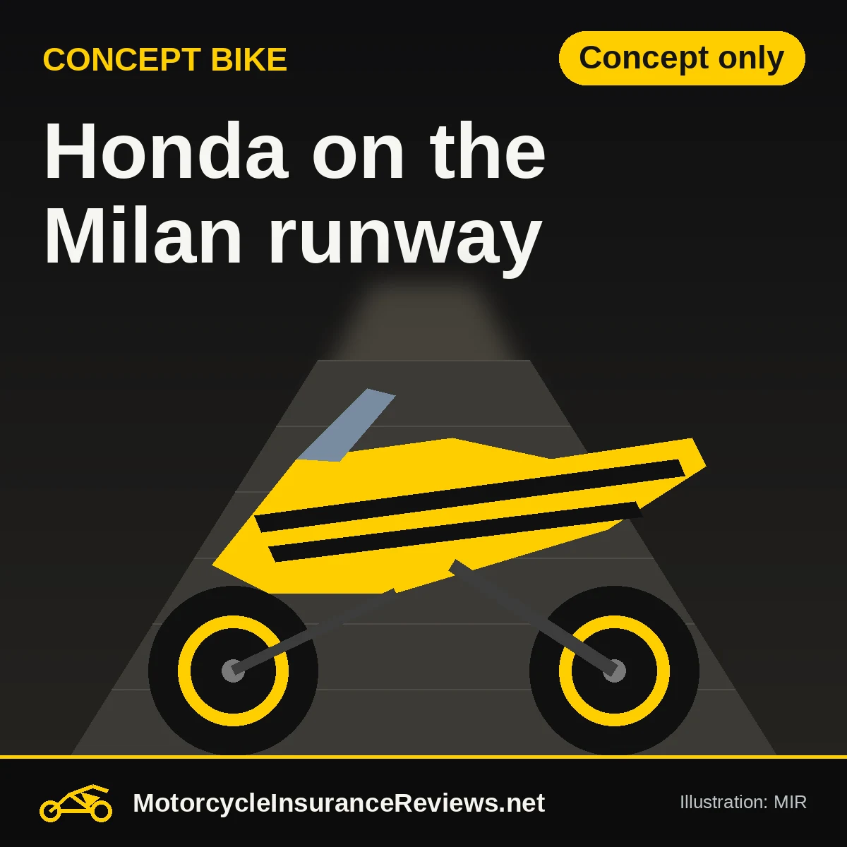 Original MIR illustration of a yellow sport motorcycle with two black stripes on a spotlit runway, headline Honda on the Milan runway, chip Concept only