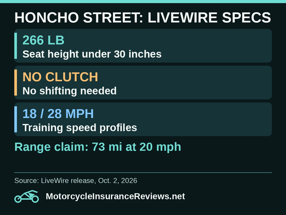 LiveWire S4 Honcho Street as listed by LiveWire: 266 pounds, seat height under 30 inches, no clutch or shifting, training speed profiles of 18 and 28 mph, range claim of 73 miles at 20 mph