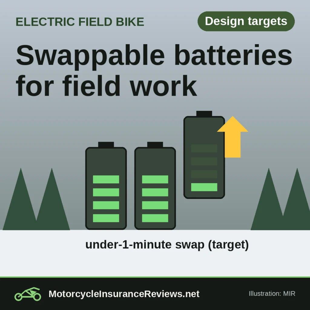Original MIR illustration of three dark green battery modules, one sliding up with a yellow arrow, in a snowy pine landscape, labeled under-1-minute swap target, headline Swappable batteries for field work, chip Design targets
