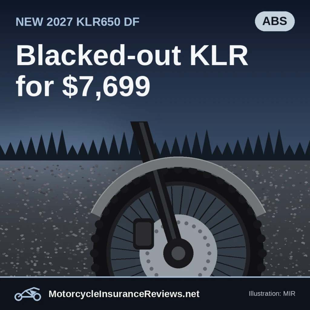 Original MIR illustration of a dual-sport front end on gravel at blue hour: black spoked 21-inch wheel, black fork leg, front brake disc and caliper under a flat gray fender, with a tree line behind; headline Blacked-out KLR for $7,699, chip ABS