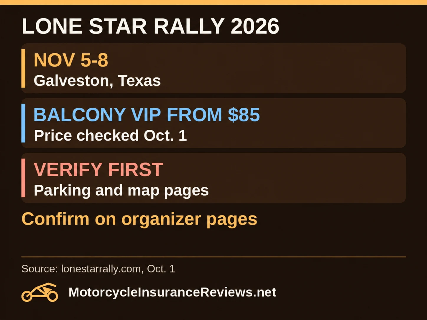 Lone Star Rally November5–8,2026; balcony VIP from$85, price checkedOctober1; verify parking and maps