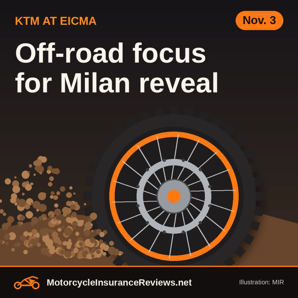 Original MIR illustration of a knobby off-road tire on an orange-rimmed wheel throwing a spray of dirt, headline Off-road focus for Milan reveal, chip Nov. 3
