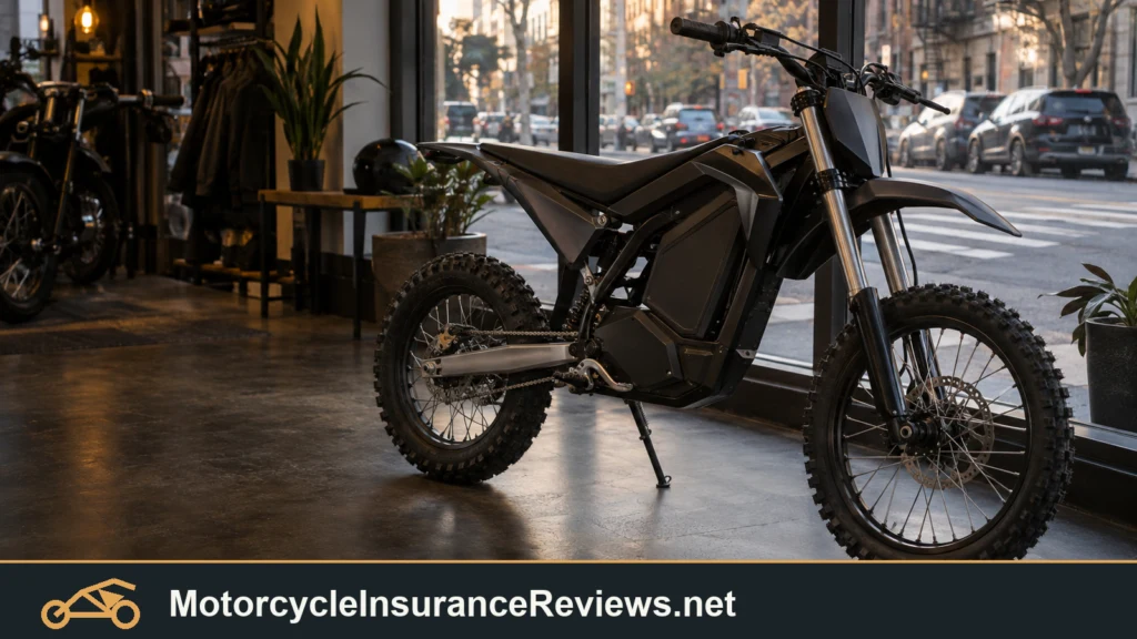 Illustrative electric off-highway motorcycle in an urban showroom near a New York street; no actual model or legal notice depicted