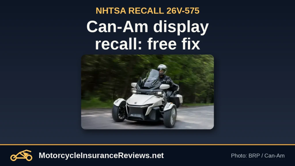 Rider on a white Can-Am Spyder RT three-wheeler on a tree-lined road, from BRP's official photo, under the headline Can-Am display recall: free fix