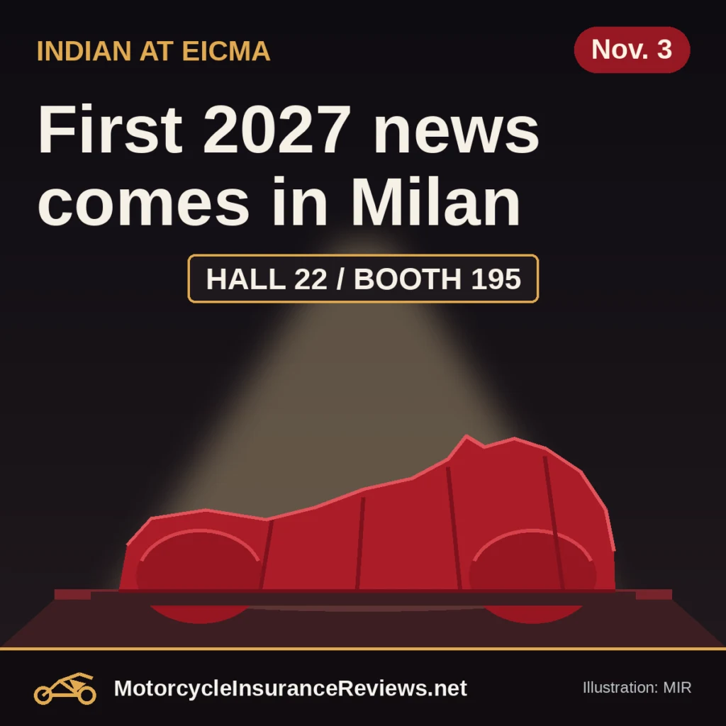 Original MIR illustration of a motorcycle under a red cover on a spotlit show stand below a sign reading Hall 22 / Booth 195, headline First 2027 news comes in Milan, chip Nov. 3