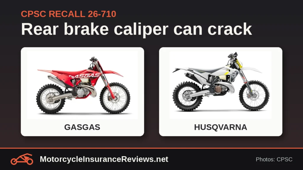 Official CPSC photos of a red GASGAS and a white Husqvarna off-road motorcycle included in recall 26-710