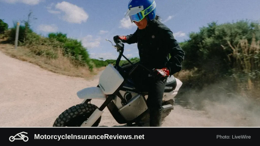 Rider on a white LiveWire S4 Honcho Trail electric mini-moto kicking up dust on a dirt road, from LiveWire's official photo