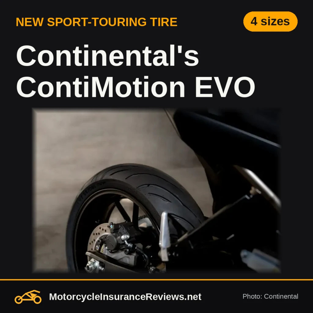 Official Continental close-up photo of a ContiMotion EVO rear tire on a motorcycle, headline Continental's ContiMotion EVO, chip 4 sizes
