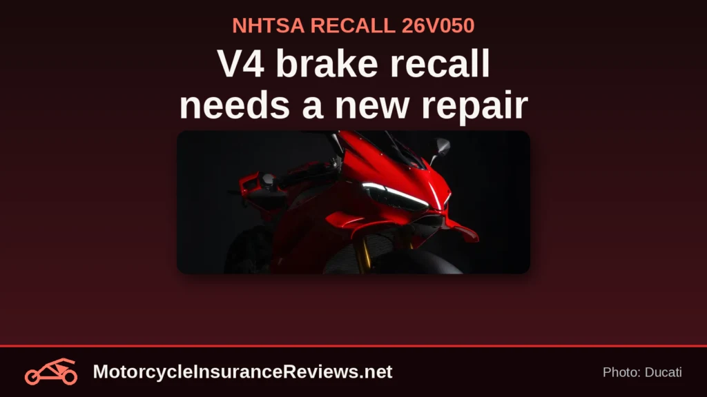 Red Ducati Panigale V4 front fairing in the dark from Ducati's official photo, under the headline V4 brake recall needs a new repair