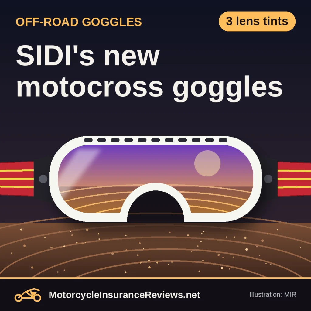 Original MIR illustration of a white motocross goggle with a violet-to-gold mirrored lens reflecting a dusk dirt track, red and yellow strap, headline SIDI's new motocross goggles, chip 3 lens tints
