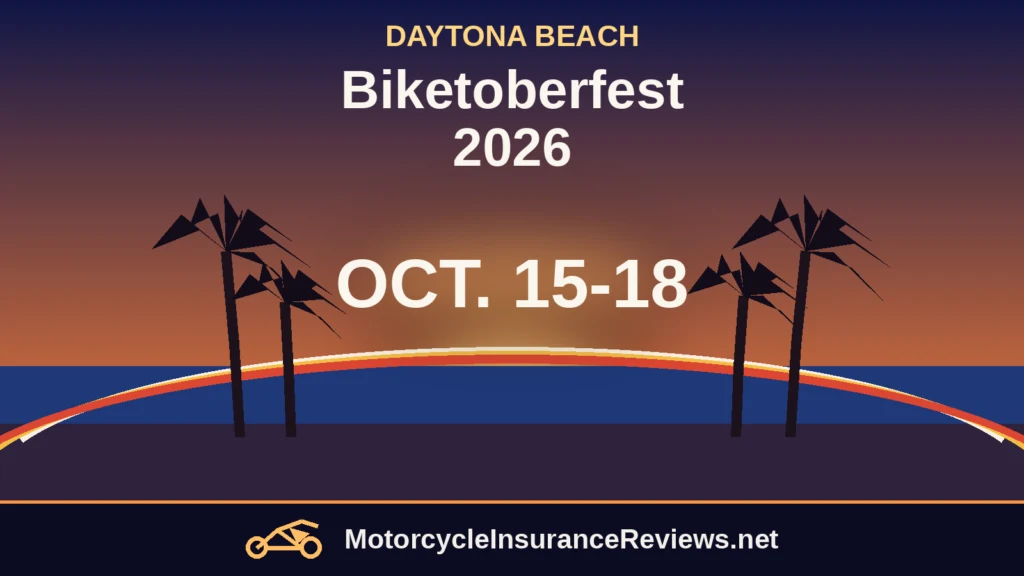 Palm tree silhouettes at sunset over a banked racing curve with the dates Oct. 15-18 and the headline Biketoberfest 2026