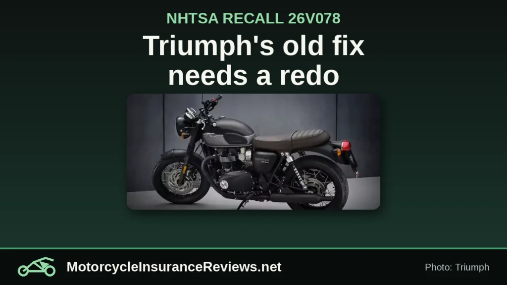 Dark Triumph Bonneville T120 in side profile from Triumph's official photo, under the headline Triumph's old fix needs a redo