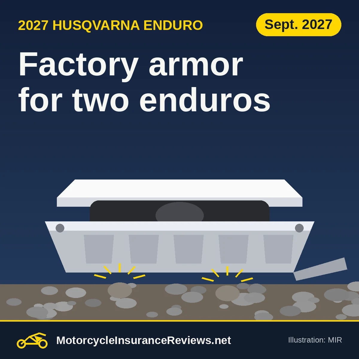 Original MIR illustration of an aluminum skid plate under an enduro engine and white frame rails, with sparks from rock strikes, headline Factory armor for two enduros, chip Sept. 2027