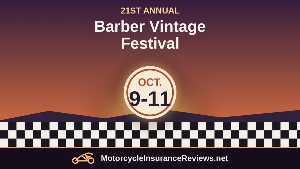 A cream festival emblem reading Oct. 9-11 over a sunset hillside and a checkered-flag band, with the headline Barber Vintage Festival