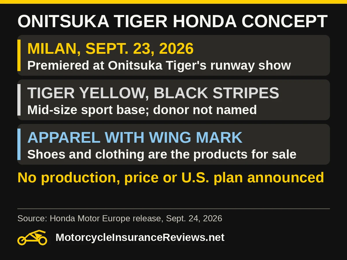 Onitsuka Tiger Honda concept: premiered in Milan on Sept. 23, 2026 at Onitsuka Tiger's runway show; Tiger Yellow with black stripes on a mid-size sport base, donor not named; apparel with Honda's Wing Mark is the product for sale; no production, price or U.S. plan announced