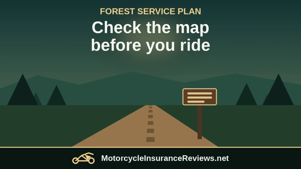 A dirt trail winding between pine trees toward a brown trail sign at dusk, with the headline Check the map before you ride