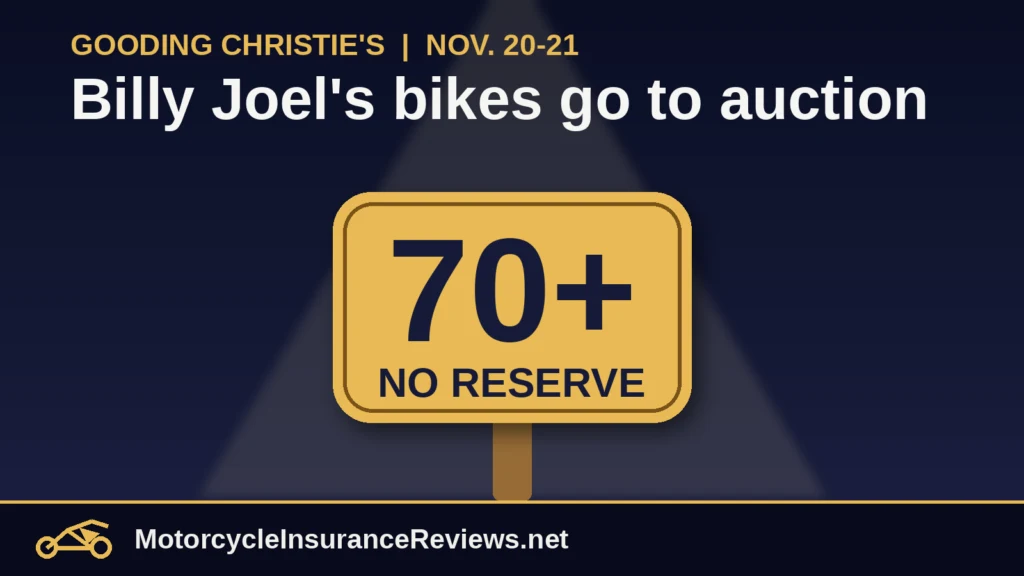 A gold auction paddle reading 70+ and No Reserve under a spotlight on a dark blue background, representing the Billy Joel motorcycle collection sale