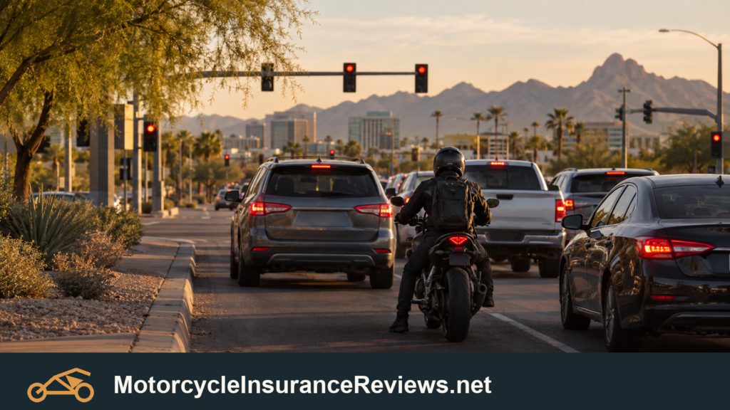 Illustration of a motorcyclist between lines of stopped traffic on an Arizona street