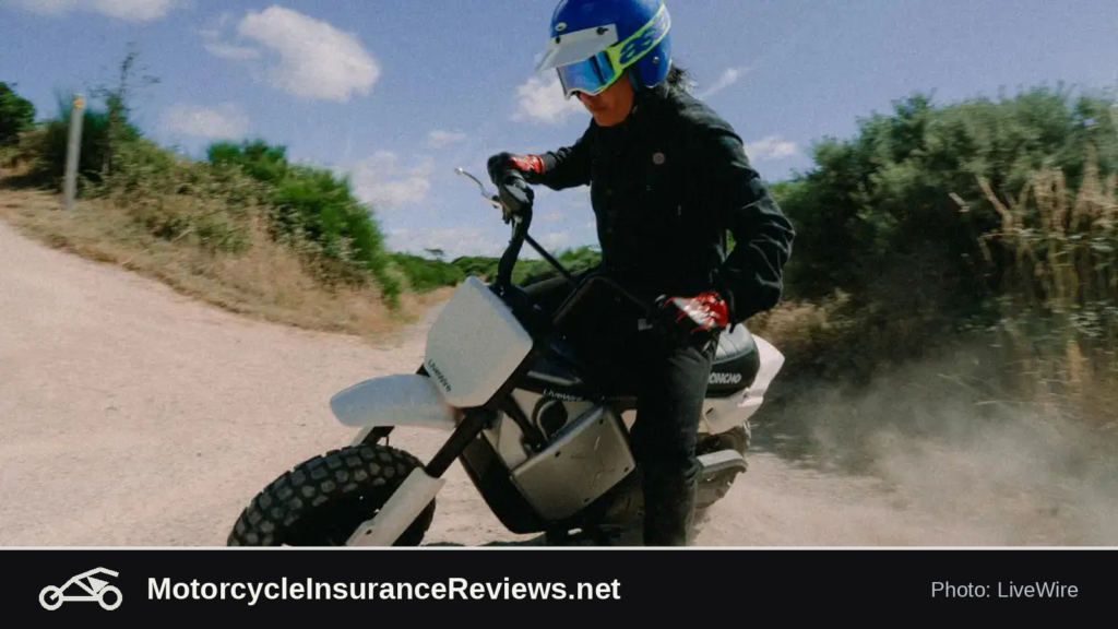 Rider on a white LiveWire S4 Honcho Trail electric mini-moto kicking up dust on a dirt road, from LiveWire's official photo