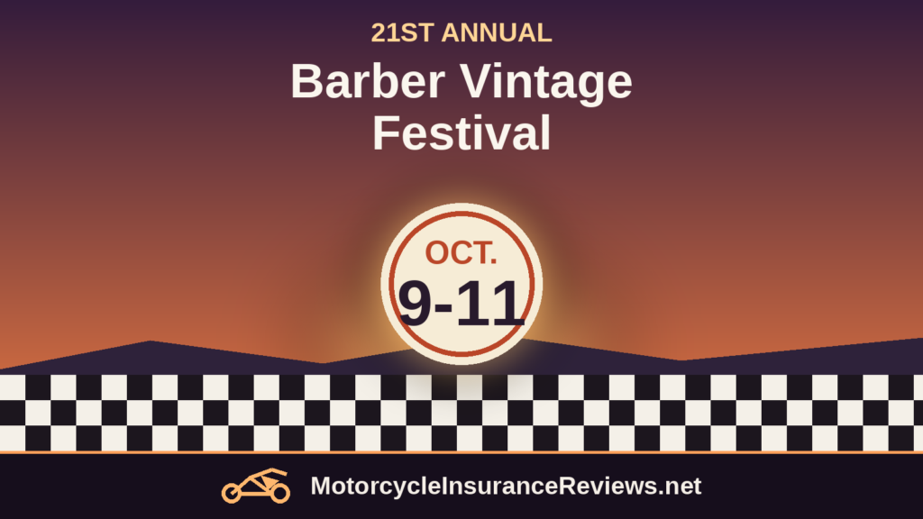 A cream festival emblem reading Oct. 9-11 over a sunset hillside and a checkered-flag band, with the headline Barber Vintage Festival