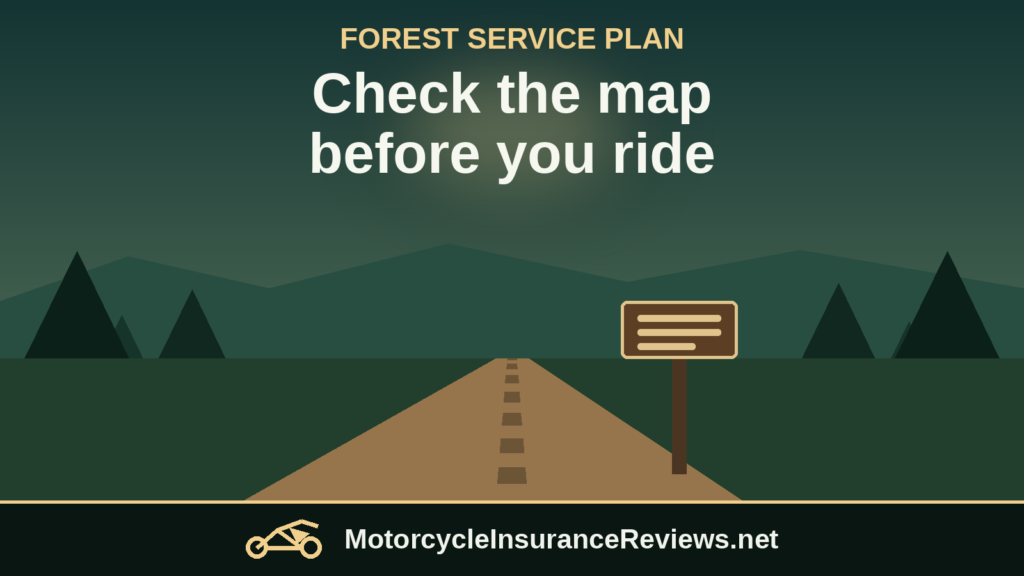 A dirt trail winding between pine trees toward a brown trail sign at dusk, with the headline Check the map before you ride