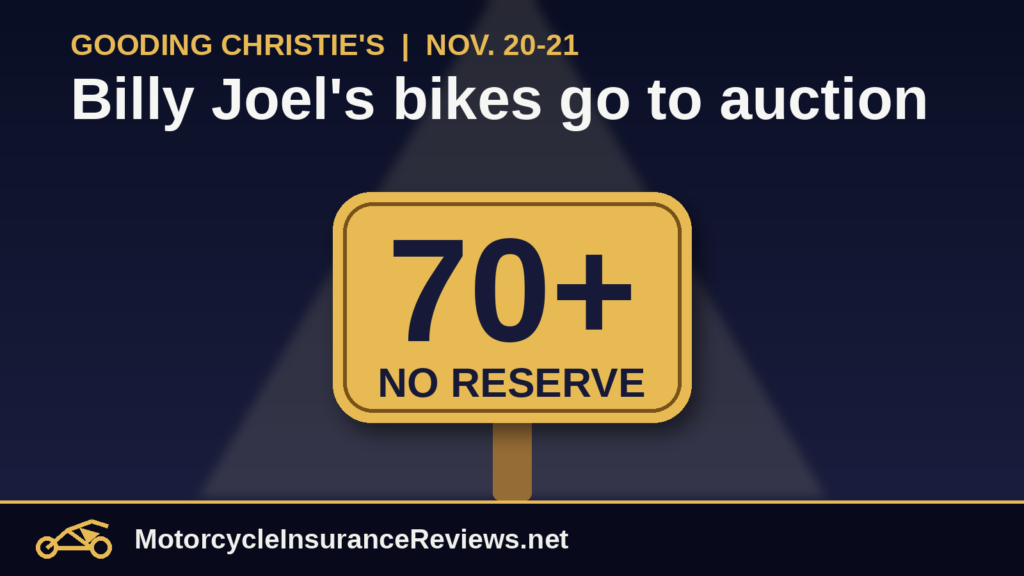 A gold auction paddle reading 70+ and No Reserve under a spotlight on a dark blue background, representing the Billy Joel motorcycle collection sale