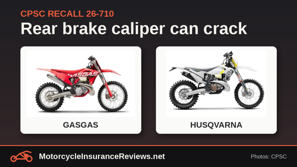Official CPSC photos of a red GASGAS and a white Husqvarna off-road motorcycle included in recall 26-710