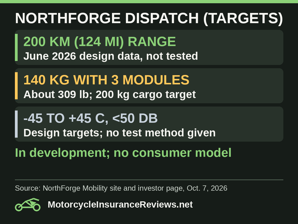 NorthForge Dispatch design targets: 200 km or 124 miles range from June 2026 design data, not tested; 140 kg with 3 modules, about 309 lb, and a 200 kg cargo target; minus 45 to plus 45 C and under 50 dB as design targets with no test method given; in development, no consumer model