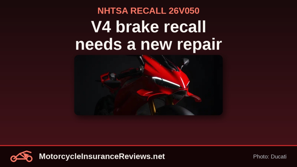 Red Ducati Panigale V4 front fairing in the dark from Ducati's official photo, under the headline V4 brake recall needs a new repair