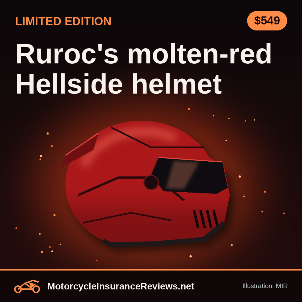 Original MIR illustration of a satin red full-face motorcycle helmet with dark seams and a tinted visor, glowing against a dark ember background, headline Ruroc's molten-red Hellside helmet, chip $549