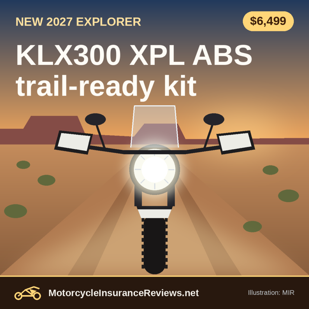 Original MIR illustration of a dual-sport motorcycle seen head-on on a desert two-track at golden hour, with a glowing round LED headlight, tall clear windscreen and white hand guards; headline KLX300 XPL ABS trail-ready kit, chip $6,499