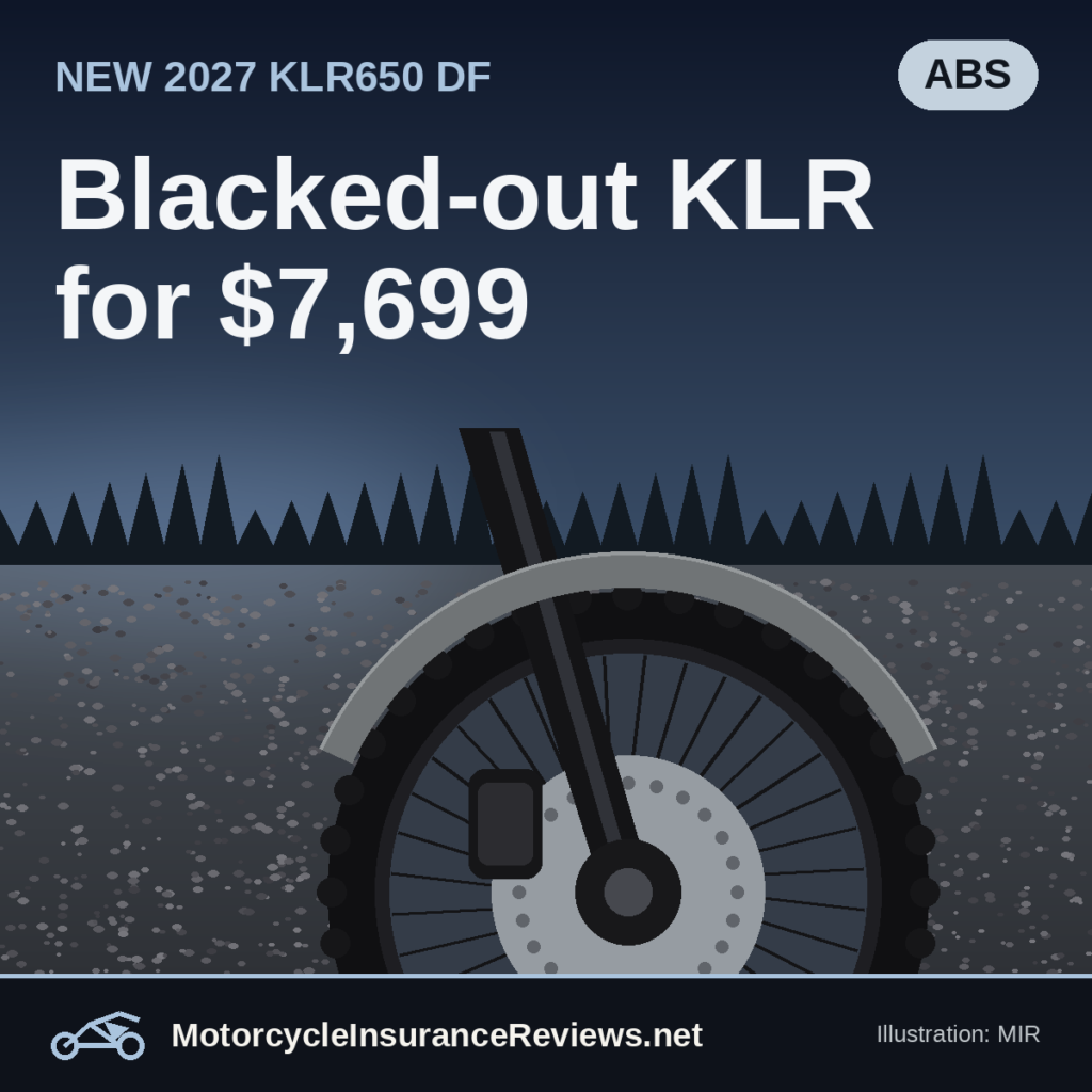 Original MIR illustration of a dual-sport front end on gravel at blue hour: black spoked 21-inch wheel, black fork leg, front brake disc and caliper under a flat gray fender, with a tree line behind; headline Blacked-out KLR for $7,699, chip ABS