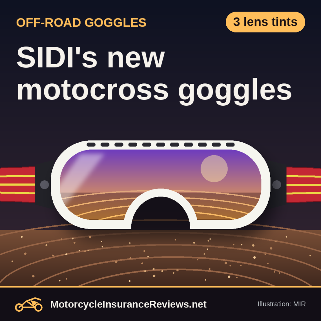 Original MIR illustration of a white motocross goggle with a violet-to-gold mirrored lens reflecting a dusk dirt track, red and yellow strap, headline SIDI's new motocross goggles, chip 3 lens tints