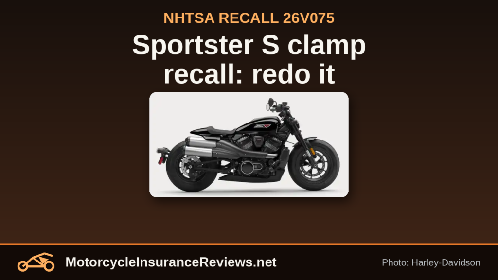 Black Harley-Davidson Sportster S in side profile from Harley-Davidson's official photo, under the headline Sportster S clamp recall: redo it