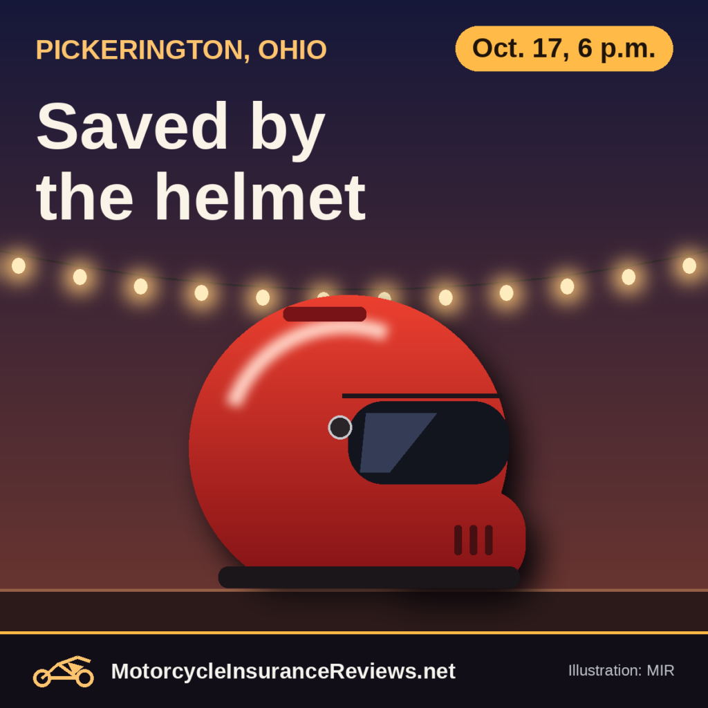 Original MIR illustration of a new glossy red full-face motorcycle helmet on a table under glowing bike-night string lights at dusk, label Pickerington, Ohio, headline Saved by the helmet, chip Oct. 17, 6 p.m.