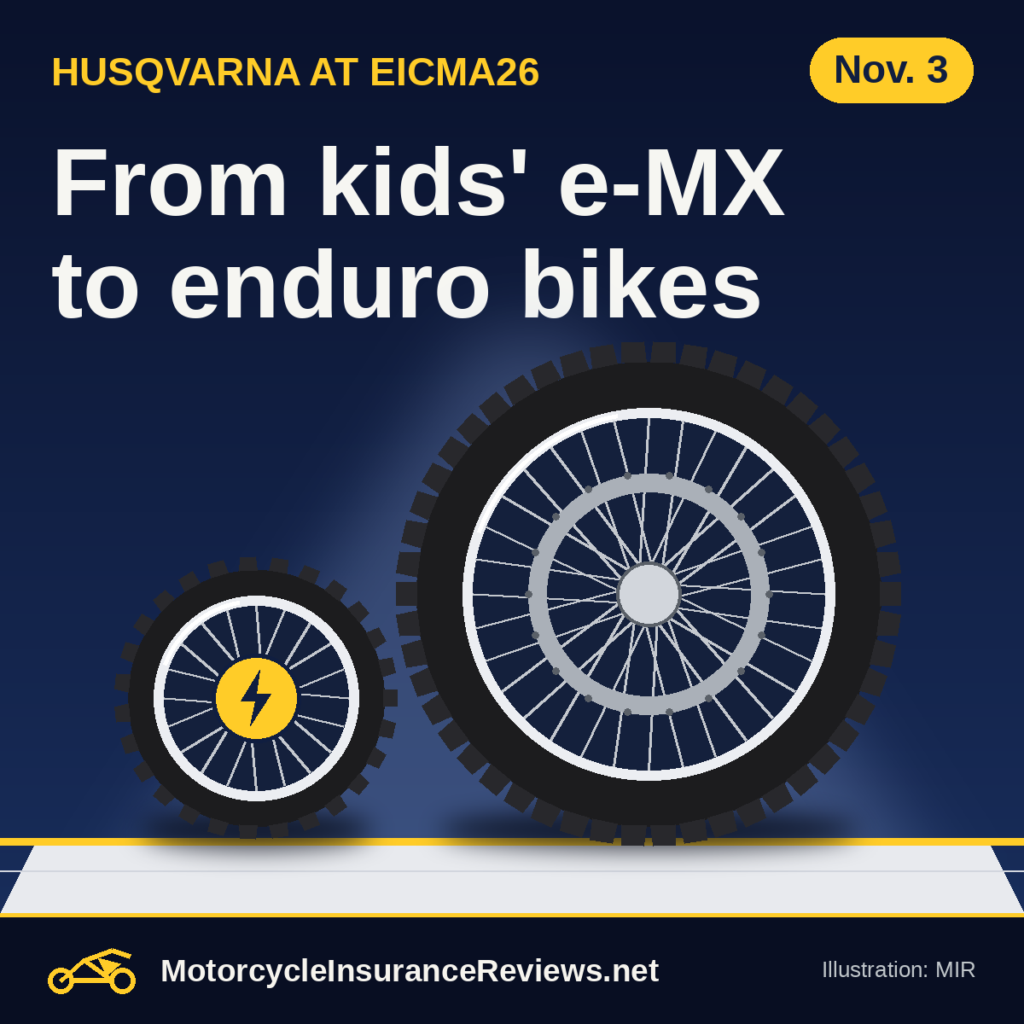 Original MIR illustration of a small electric youth motocross wheel with a lightning-bolt hub beside a full-size knobby enduro wheel on a show stand, headline From kids' e-MX to enduro bikes, chip Nov. 3