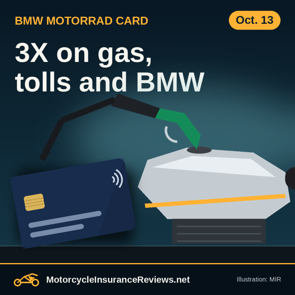 Original MIR illustration of a fuel nozzle in a motorcycle tank at night beside an unbranded rewards card, headline 3X on gas, tolls and BMW, chip Oct. 13