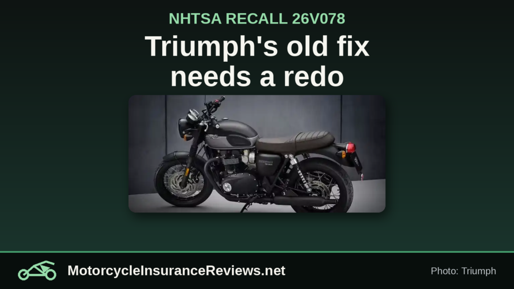 Dark Triumph Bonneville T120 in side profile from Triumph's official photo, under the headline Triumph's old fix needs a redo