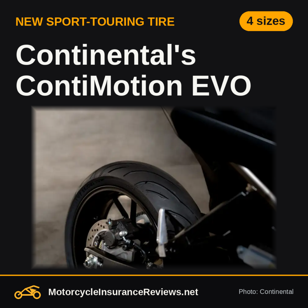 Official Continental close-up photo of a ContiMotion EVO rear tire on a motorcycle, headline Continental's ContiMotion EVO, chip 4 sizes