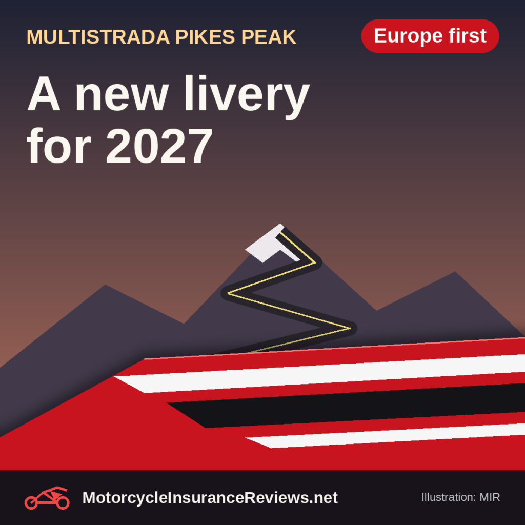 Original MIR illustration of a red, white and black race-style livery band sweeping across the foreground below a mountain switchback road, headline A new livery for 2027, chip Europe first